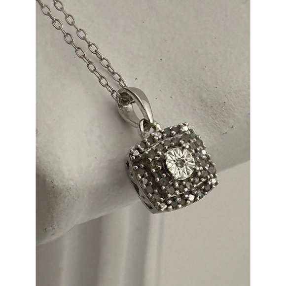 Stunning Cushion Cut 1/4 Carat Diamond Cluster Pendant with Necklace - Sterling - Picture 8 of 10